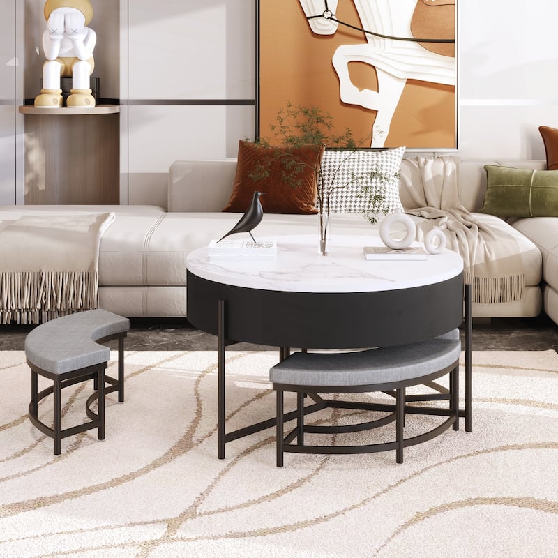 Modern Round Lift-Top Coffee Table with Storage & 3 Ottoman