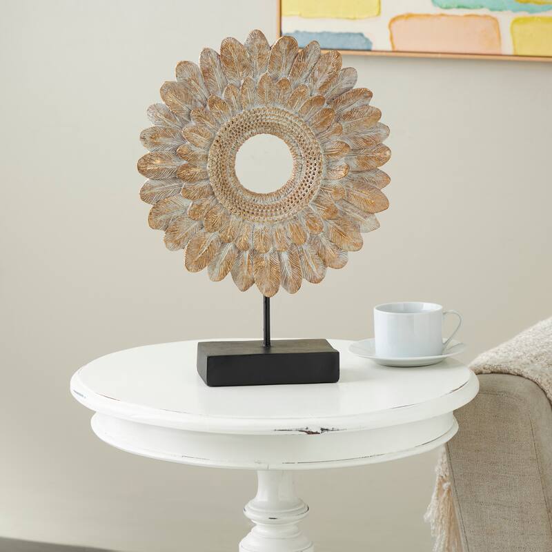 Resin Bird Feather Ring Sculpture with Black Stand - Cream - Roche River Decor - 4"W x 12"L x 17"H