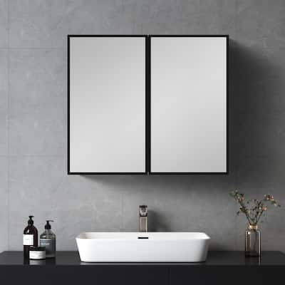 30 in. W x 26 in. H Black Framed Wall Mounted or Recessed Bathroom Medicine Cabinet with Mirror - 30" x 26"