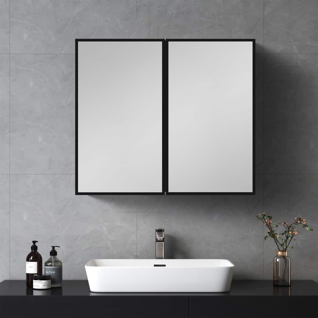 30 in. W x 26 in. H Black Framed Wall Mounted or Recessed Bathroom Medicine Cabinet with Mirror - 30" x 26"