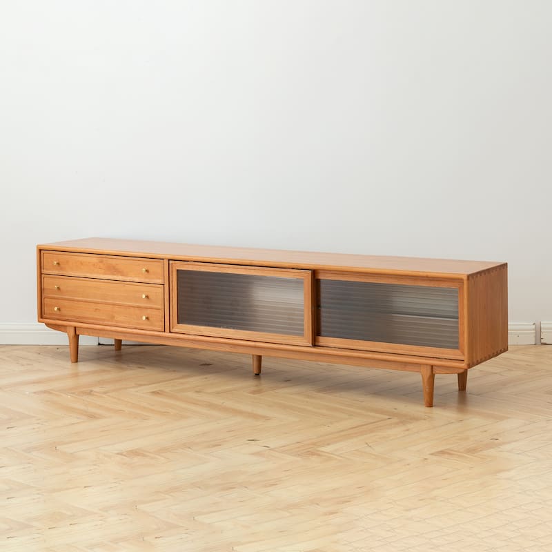Modern TV Stand with Glass Doors and Drawers