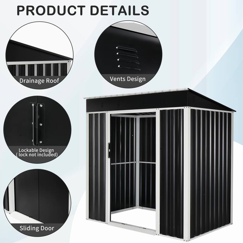 6 x 4 Ft Outdoor Storage Shed Black Galvanized Iron Garden Tool Organizer with Locking Sliding Doors - 75.6" x 49" x 73.2"
