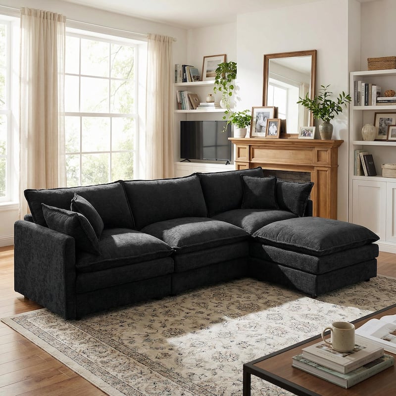 Homy Casa 102" L-Shaped Modular Sectional Sofa Movable Ottoman, Cloud-Style Chenille Couch, DIY Combination for Living Room Tray