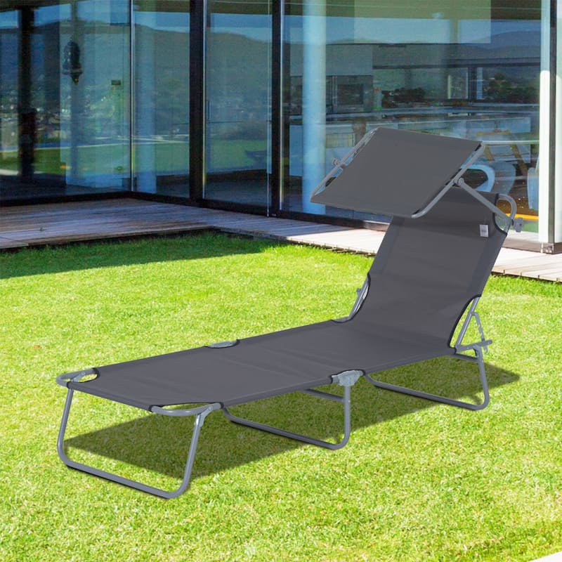 Outsunny Outdoor Lounge Chair, Adjustable Folding Chaise Lounge, Tanning Chair with Sun Shade for Beach, Camping, Backyard