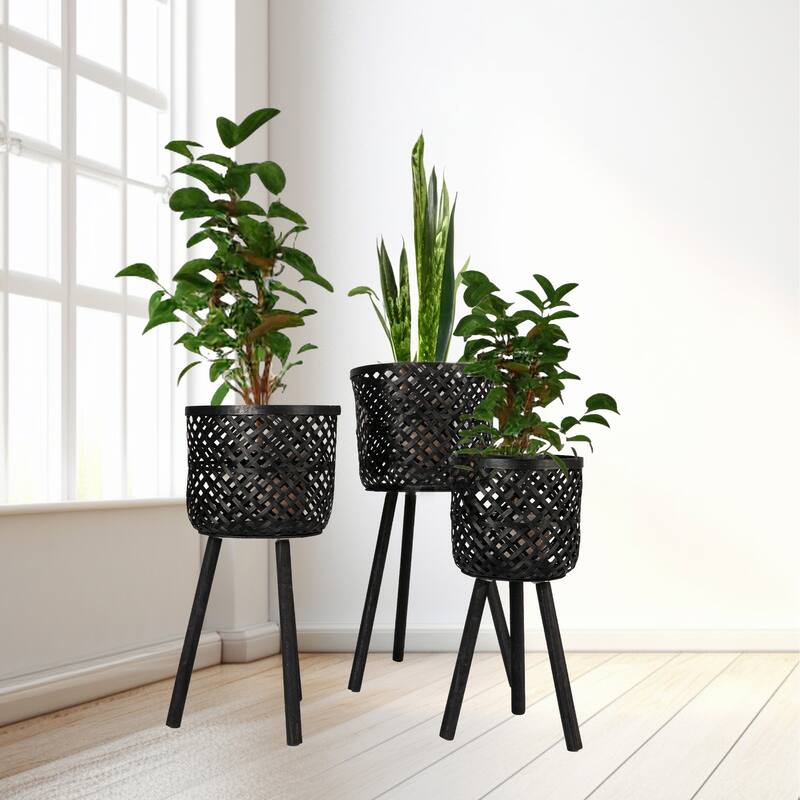 Woven Bamboo Floor Baskets with Wood Legs (Set of 3 Sizes) - Black