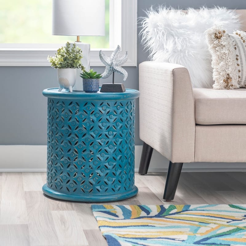 Linon Jennifer Boho Round Side Table - Blue
