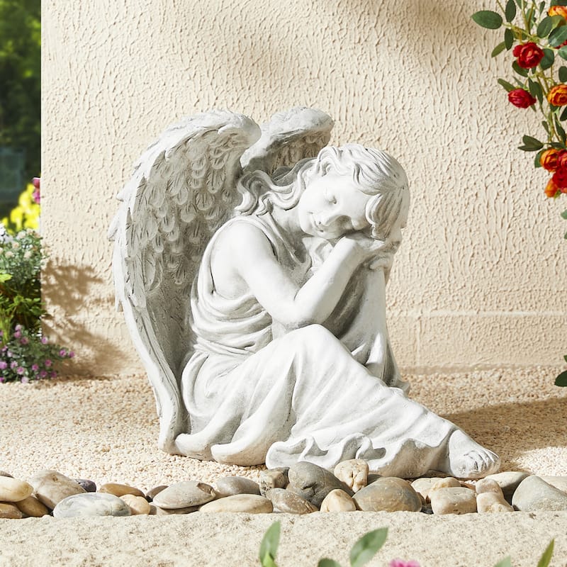Glitzhome 18"L x 15"H MgO Sleeping Angel Garden Statue Coastal Sculpture