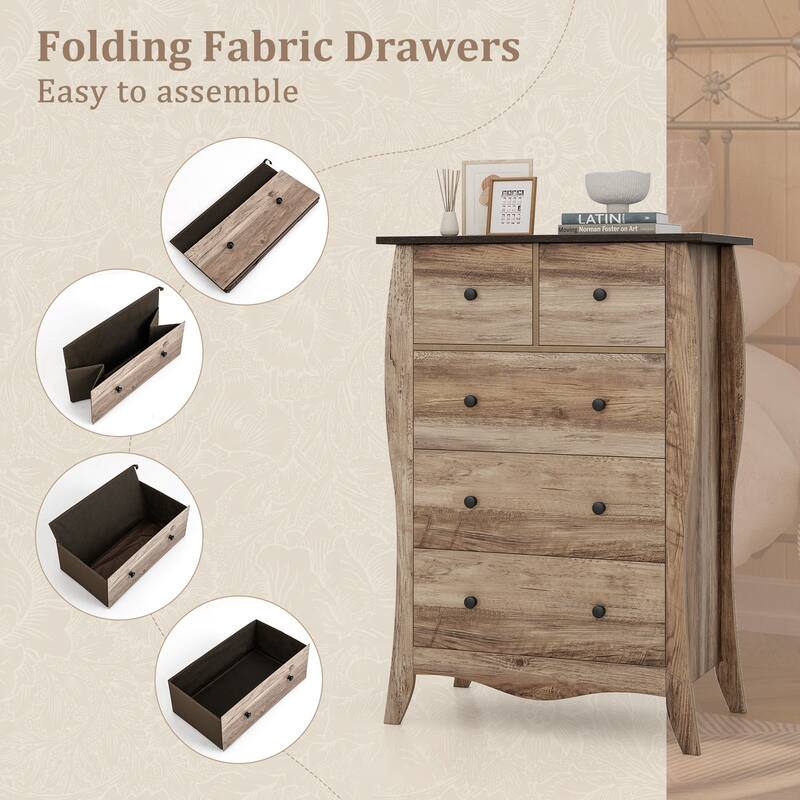 Gymax 38'' Farmhouse Chest of Drawers w/ 5 Folding Fabric Drawers &