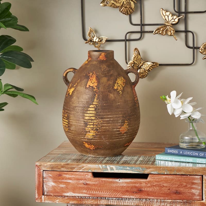 Ceramic Antique Style Distressed Vase with Grooves and Handles - Brown - Roche River Decor - 12"W x 11"L x 15"H