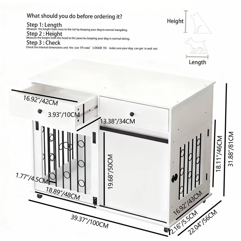 39.37" Dog Crate Furniture with Double Drawers and Sliding Barn Door, Decorative Pet Kennel End Table with Lockable Wheels