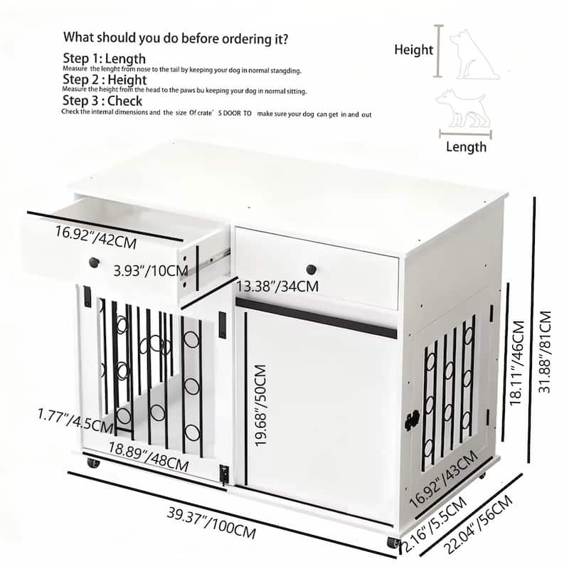 Wooden Dog Crate with Lockable Wheels, 2 Drawers & Sliding Barn Door, Decorative Pet Kennel End Table for Small to Medium Dogs