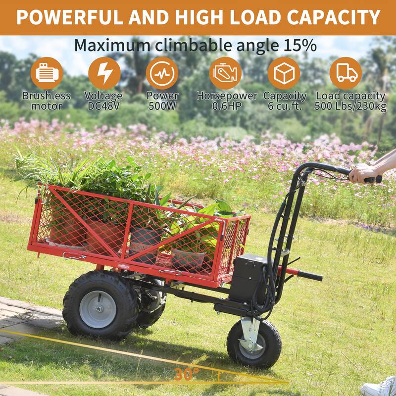 500W Electric Utility Cart - 48V 28Ah Battery, 500lb Capacity & 1000lb Towing, Heavy-Duty Hauler