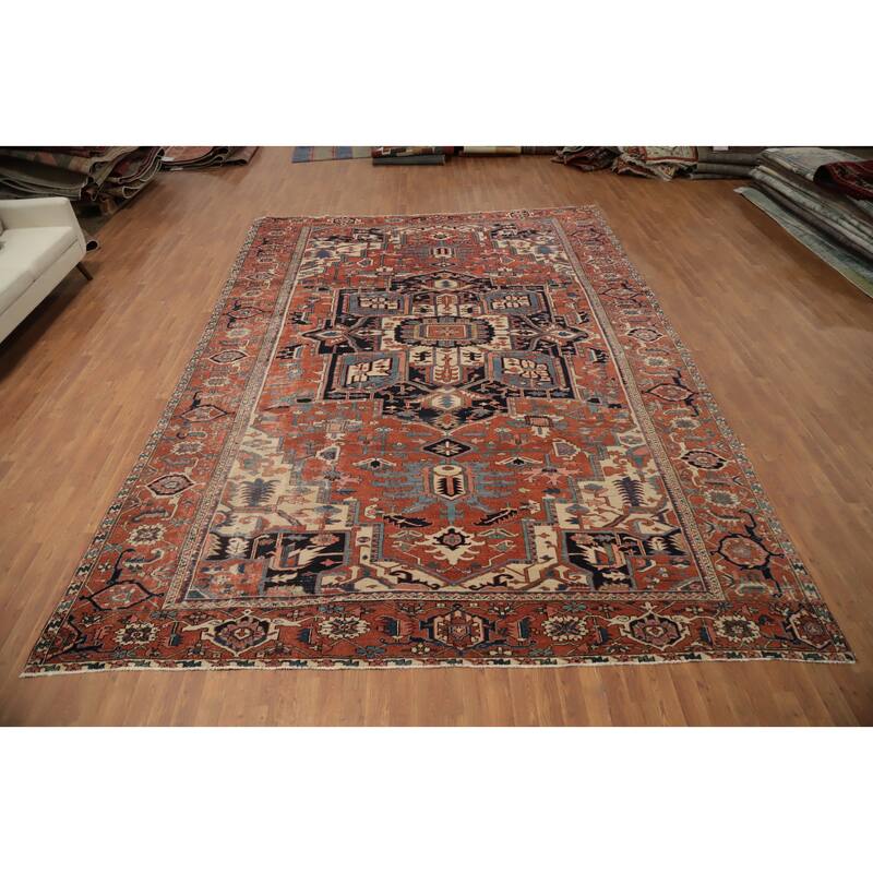 Hand Knotted Oriental 100% Wool Carpet Traditional Medallion Oranges & Rust Heriz (serapi) Area Rug - 14' 3'' X 10' 2''