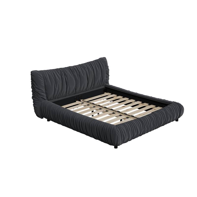 King Size Upholstered Platform Bed with Removable Cushions, Solid Pine Wood Frame, Adjustable Mattress Heights