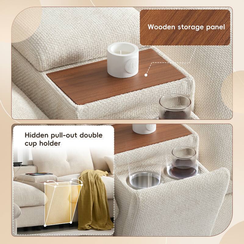 U Shaped Modular Sectional Sofa w/Ottoman, Console, Cup Holder, USB