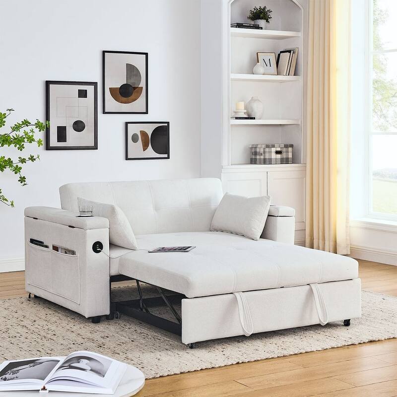 54" Multi-functional Chenille Sofa Bed with Cup Holder and USB Port for Living Room