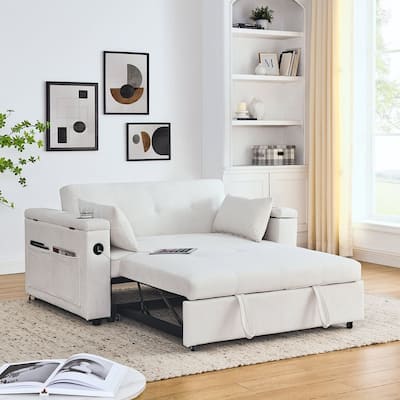 54" Multi-functional Chenille Sofa Bed with Cup Holder and USB Port for Living Room