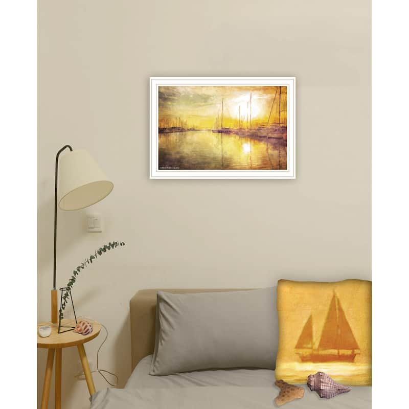 TrendyDecor4U Contemporary "Yellow Sunset Boats In Marina " Framed Print Wall Art