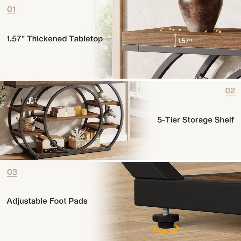 5-Tier Industrial Entryway Table with Metal Frame, 47" Console Table, Narrow Sofa Table Behind Couch Accent Tables