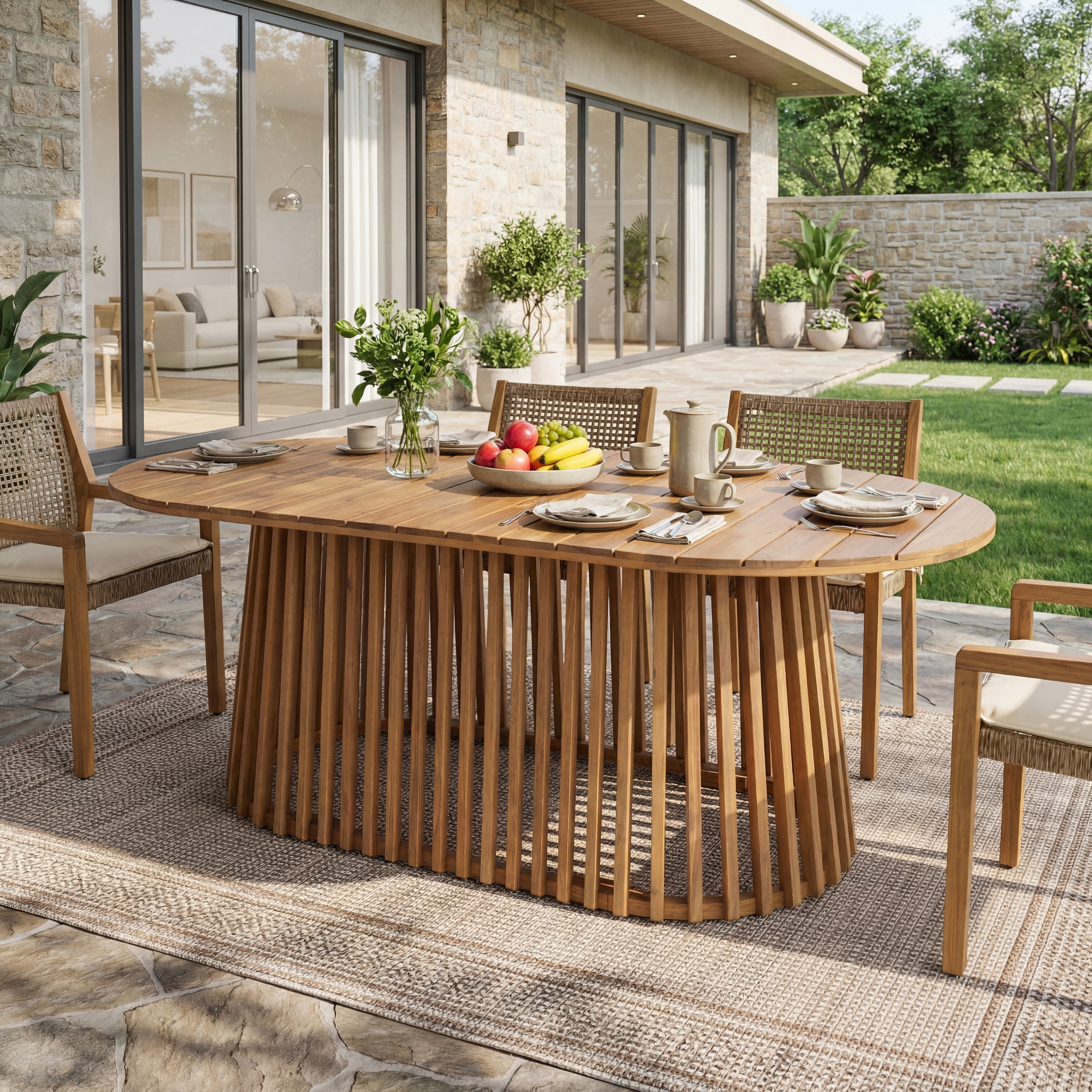 Christopher Knight Home - Laguna Outdoor Solid Acacia Wood Oval Dining Table with Tapered Vertical Slatted Pedestal Base