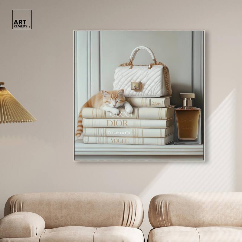 Ivory Books and Kitten Canvas by Art Remedy