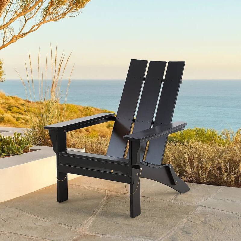 Foldable Outdoor Adirondack Chair, Rustic Black Steel and Acacia Wood