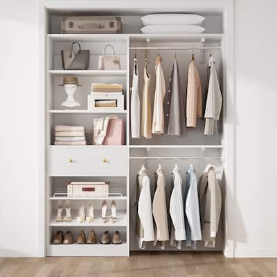 Reversible Walk in Closet Organizer with 2 Hanging Rods and Adjustable Shelves,Closet System with Shoe Rack and Drawer
