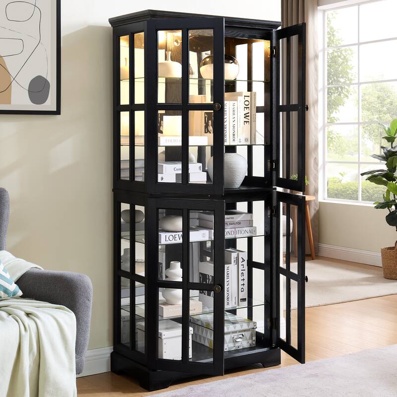 Curio Display Cabinet, Antique Display Cabinet with Glass Doors Adjustable Shelves Four Door Design Vintage Showcase