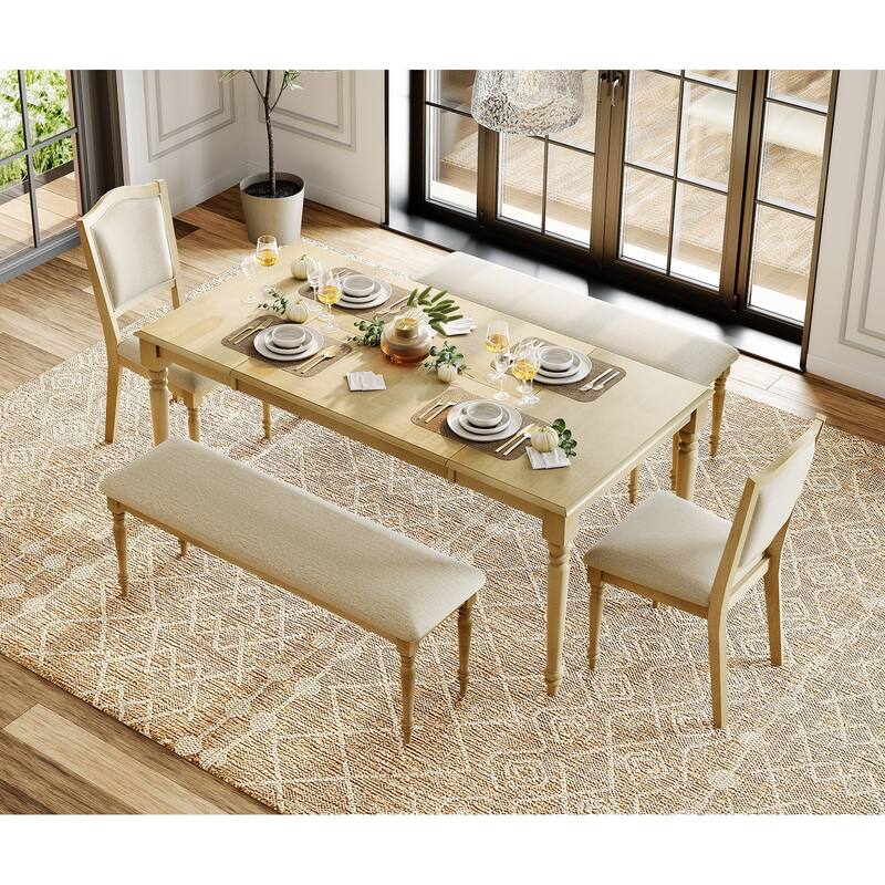 5 Piece Dining Table Set, Farmhouse Wooden Dining Room Set for 6, Oak