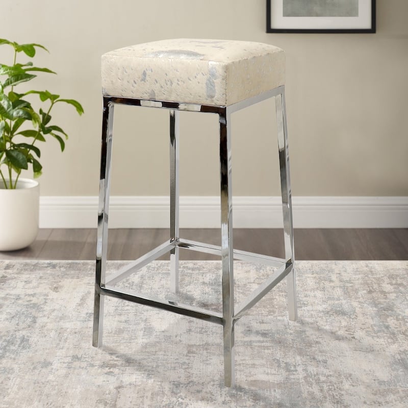 Pasargad Home Safari Cowhide & Stainless Steel Bar Stool - W16"XD16"XH30"