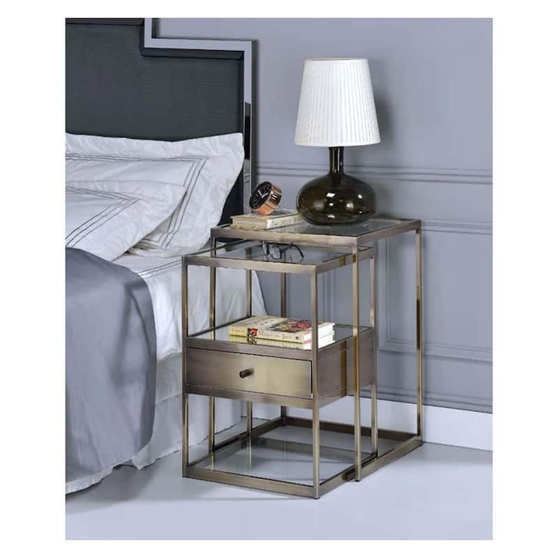 Stylish Nesting Tables Set, Clear Glass & Brass, 2 Piece Pack
