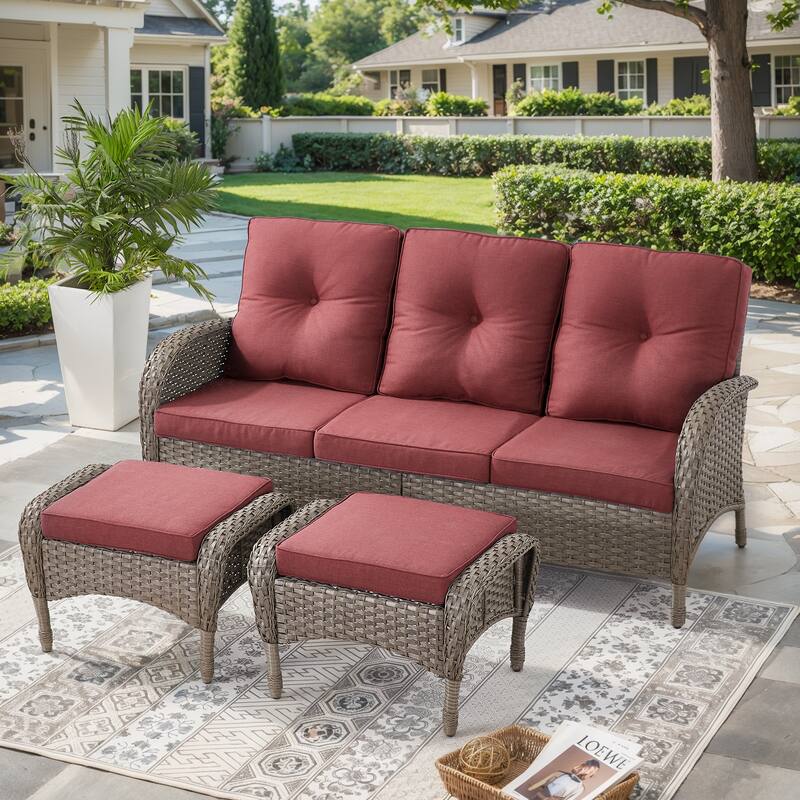 Outdoor Patio 3 Seats Sofa Couch with Ottomans - Grey - Red