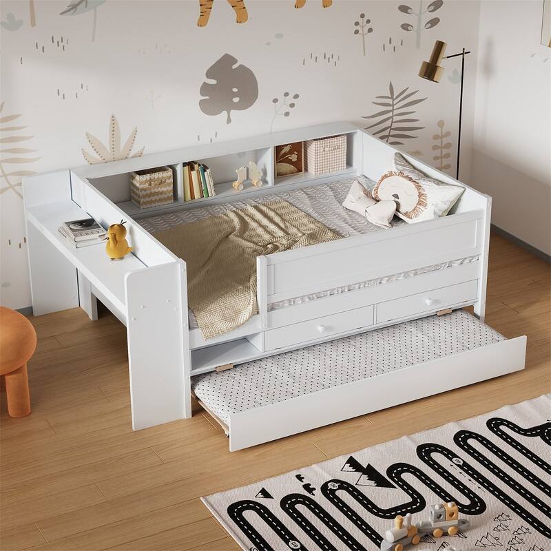 Multi-Functional Twin Size Daybed with 2 Drawers and Twin Size Trundle, Wooden Sofa Bed Frame w/ Headboard Storage & Study Desk