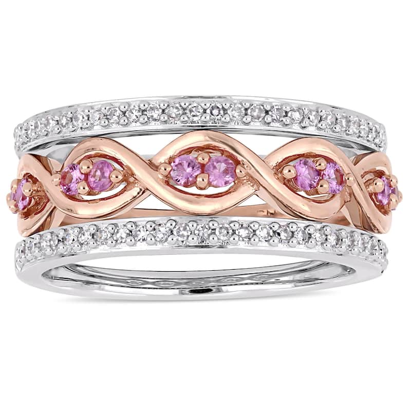 Miadora 1/4ct TDW Diamond Pink Sapphire 3-Piece Infinity Ring Set in 14k Two-Tone Gold