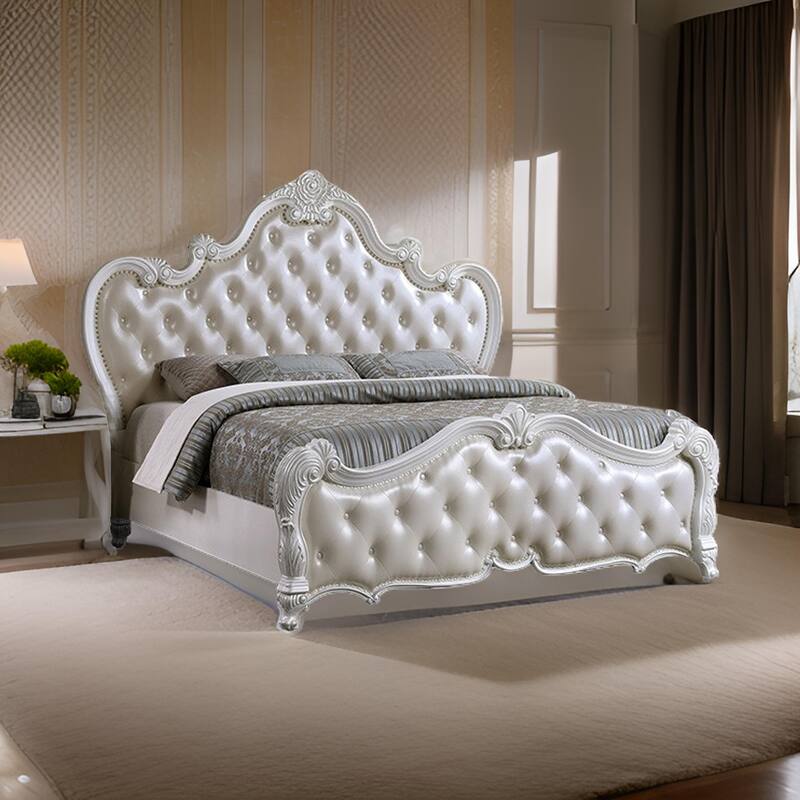 Venta King Size Bed, Pearl White Button Tufted Faux Leather Upholstery