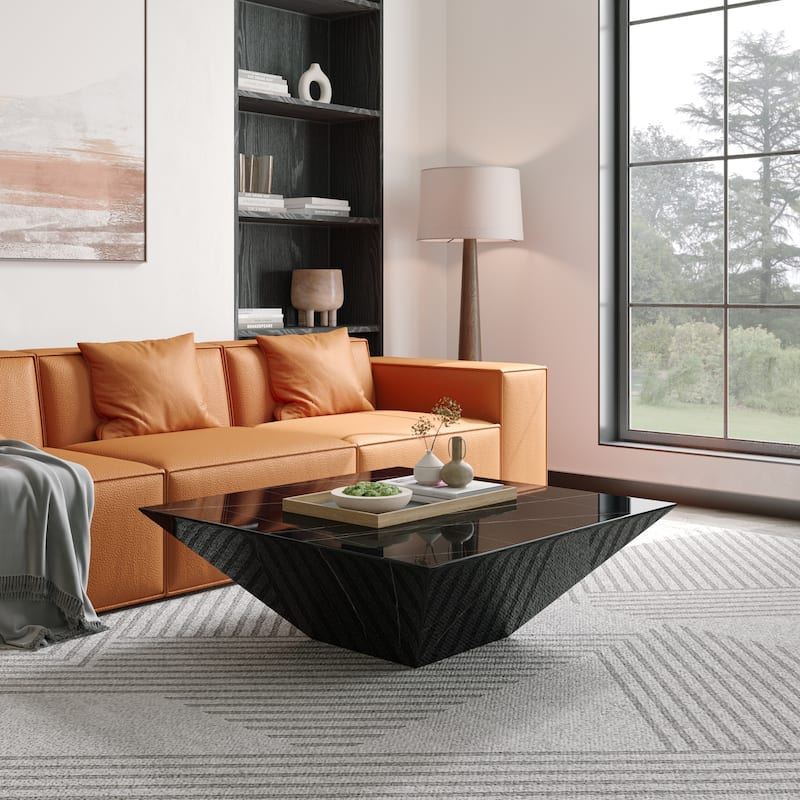 Modern Square Coffee Table, Trapezoid White Sintered Stone Coffee Table, Fully-assembled