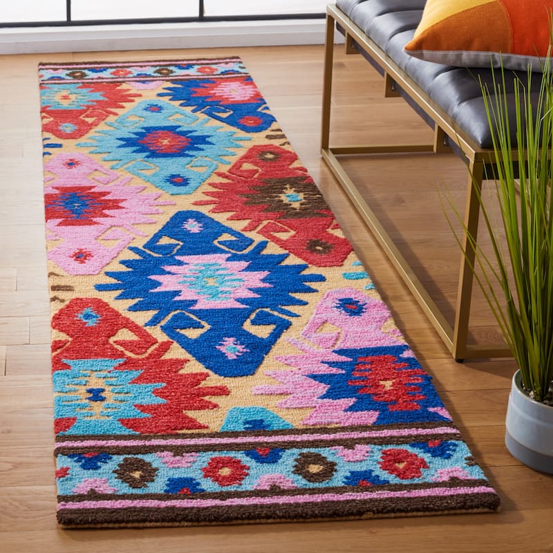 SAFAVIEH Handmade Aspen Grga Boho Tribal Wool Rug - 2'3" x 9' Runner - Gold/Blue