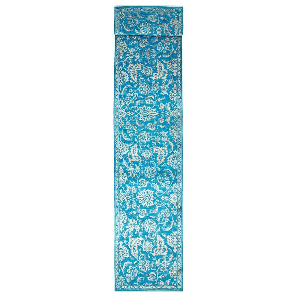 ECARPETGALLERY Hand-knotted Heritage Blue Silk, Wool Rug - 2' 8" x 14' 2"
