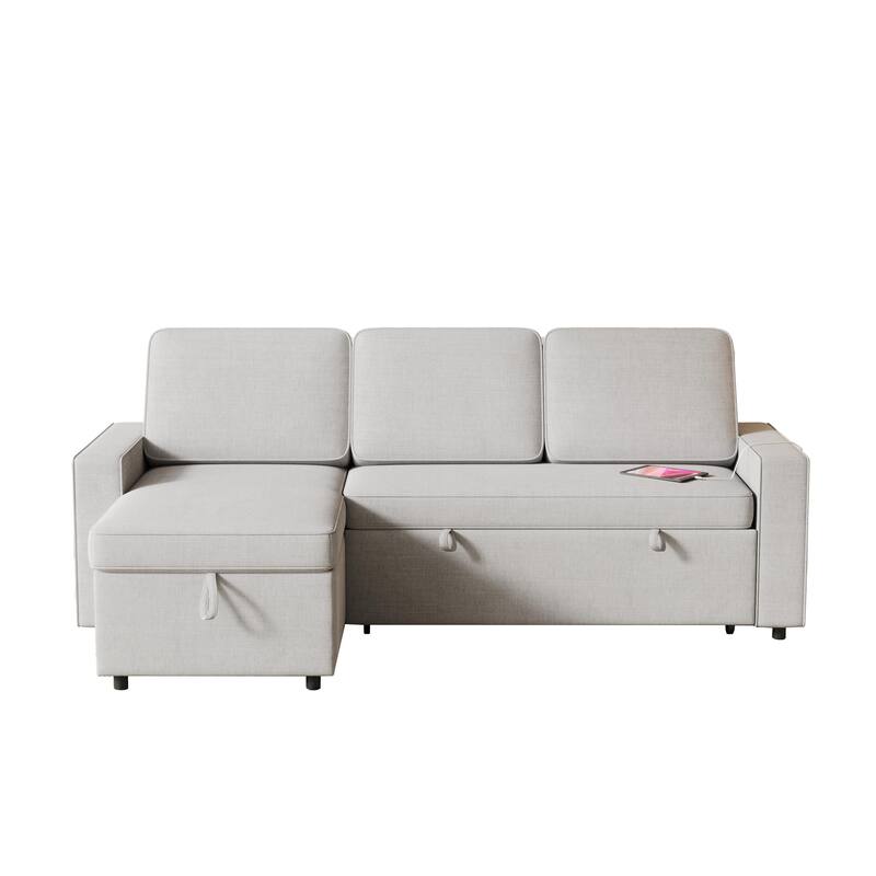 Grey 85.8'' L-Shaped Fabric 3-Seater Sleeper Sofa with Pull-Out Bed, Storage Chaise, USB Port, and Storage Racks