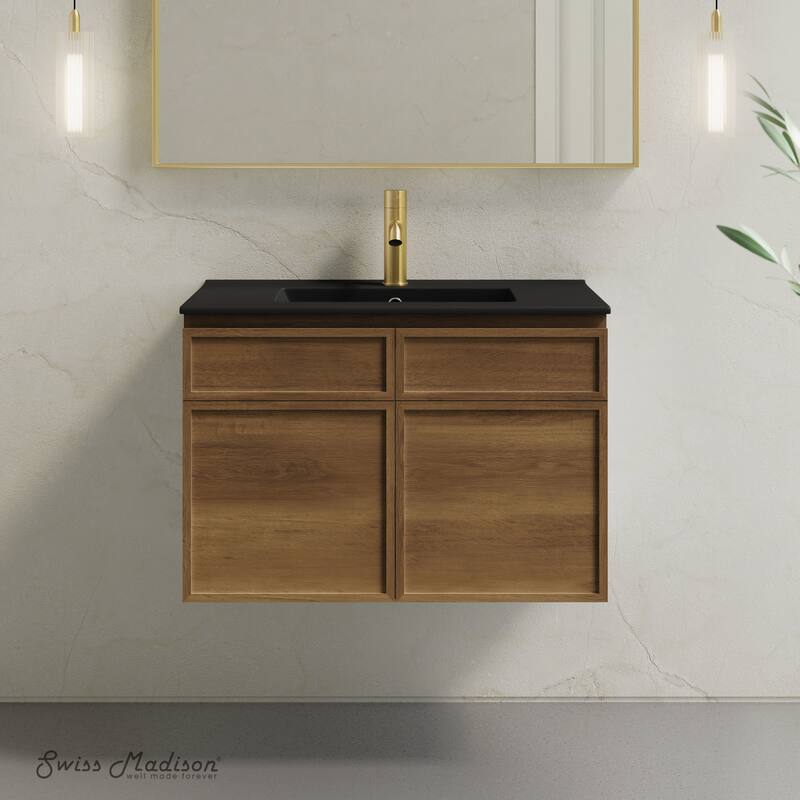 St. Tropez 30" Wall-Mounted Bathroom Vanity In Brown Oak With Black Sink Top - 30