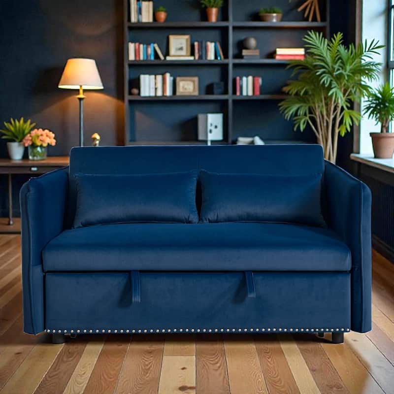 3 in 1 Convertible Sleeper Sofa Bed, Velvet Futon Loveseat with Pull Out Bed, Adjustable Backrest and Side Pockets