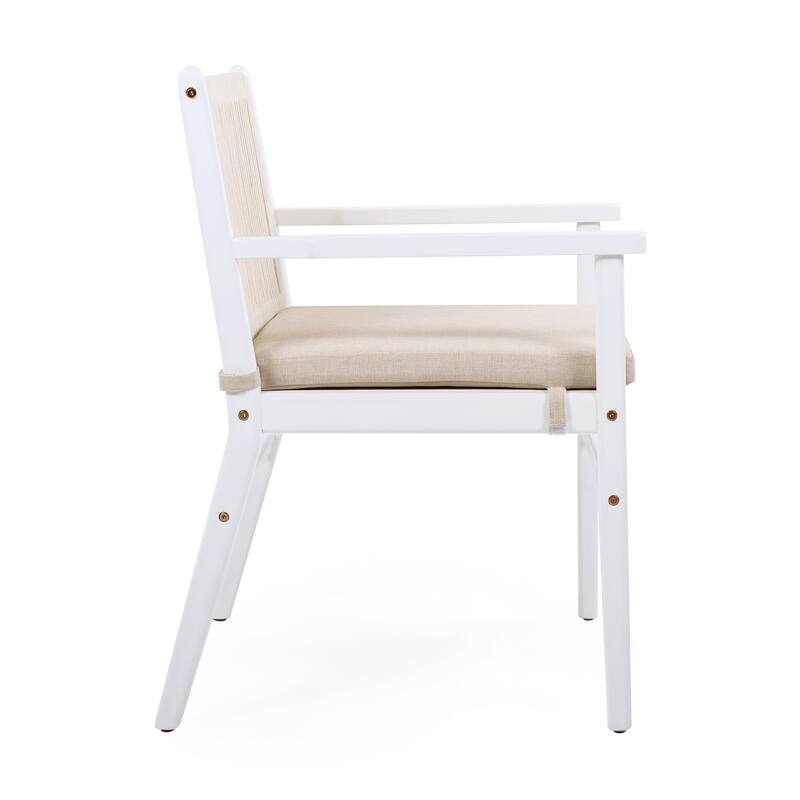 Outdoor Dining Chairs Set of 2, Acacia Wood Patio Armchair with Rope Design Back and Water Repellent Cushion, White Frame