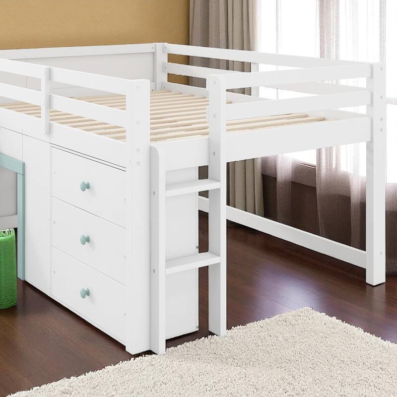 Full Size Low Loft Bed with Slide, 3 Storage Drawers, 2 Doors, Solid Wood Frame, White Loft Bed for Kids