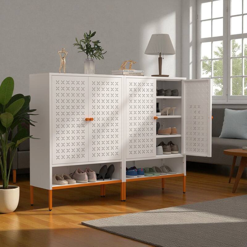 31.5" Metal Double Door Shoe Cabinet, Modern Freestanding Shoe Storage with Adjustable Shelves and 15cm Elevated Base