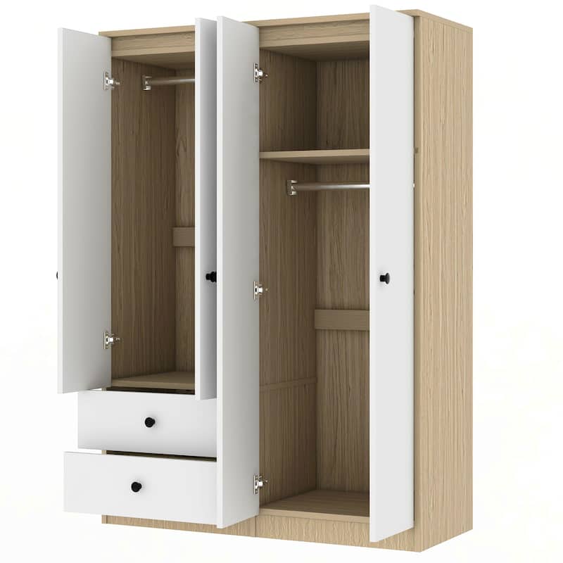 Roomfitters 4-Door Wardrobe Closet with Hanging Rod, Interior Shelf and Panel Storage Space, White