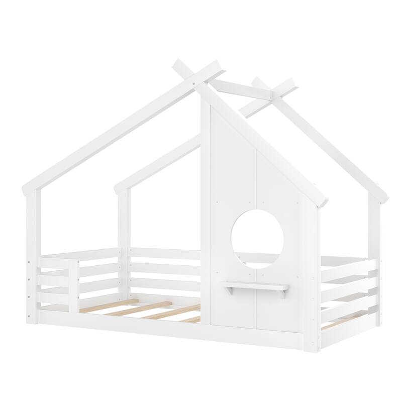 Montessori Kids House-shaped Floor Bed with Window and Shelf