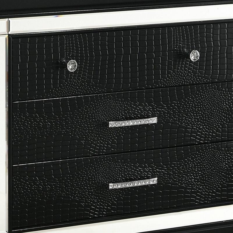 3 Drawer Wooden Nightstand with Mirror Accents and Faux Crystal Pulls,Black