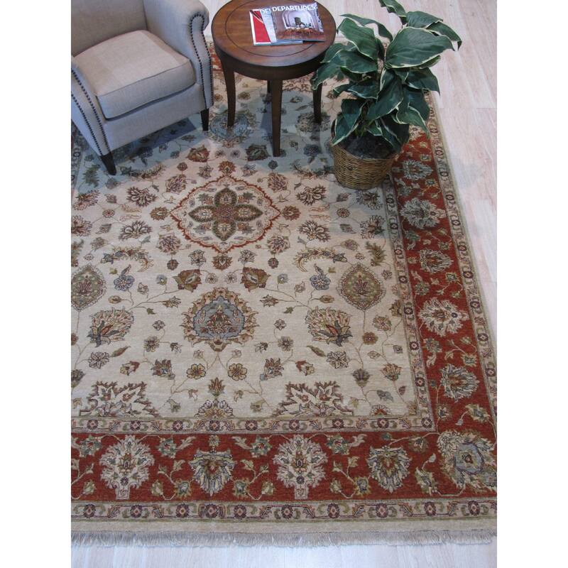 Ivory Hand-Knotted Wool Traditional Agra Rug, 8'1 x 9'10, Timeless Elegant Design - L