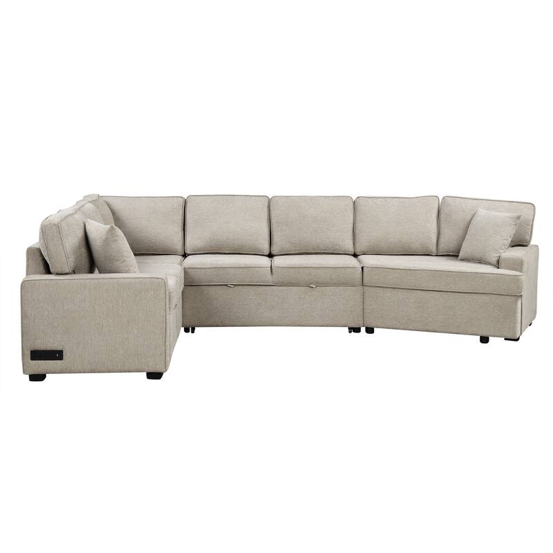 Beige 126" L-Shaped 6-Seater Sectional Sofa with Pull-Out Bed, USB Charging Ports, and Drop-Down Cup Holder Tables