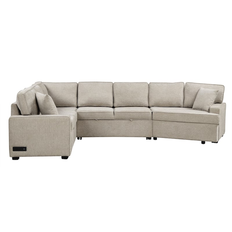 Roomfitters L-Shaped Sectional Sofa with Pull-Out Bed, Integrated Charging Devices, and Convenient Cup Holders